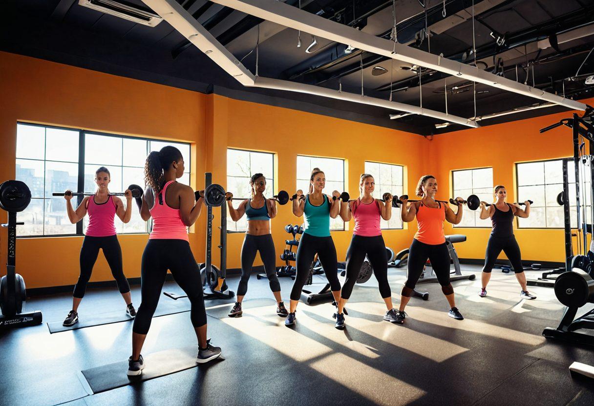 A dynamic scene showcasing a diverse group of individuals engaged in strength training and body sculpting exercises, surrounded by vibrant weights and fitness equipment. Incorporate elements of empowerment, such as empowering quotes in the background and a radiant sun symbolizing health and vitality. Use bright and motivating colors to evoke energy and enthusiasm. Incorporate a balance of different fitness styles and body types. super-realistic. vibrant colors. 3D.
