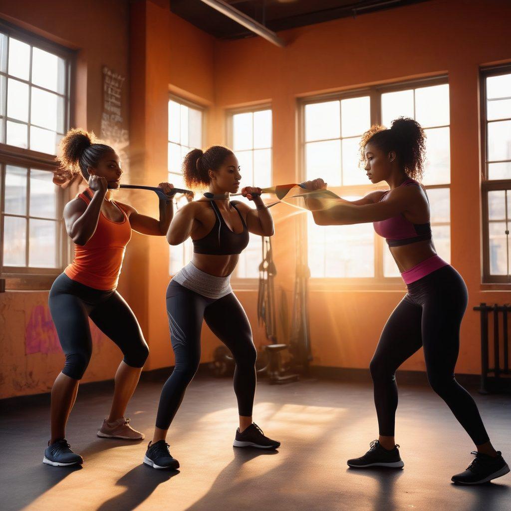 A diverse group of strong women of various ethnicities working out together in a vibrant gym, showcasing strength training and camaraderie. The setting includes motivational quotes on the walls and colorful workout equipment, symbolizing empowerment and wellness. The sun shines through large windows, creating a warm and inviting atmosphere. super-realistic. vibrant colors. 3D.
