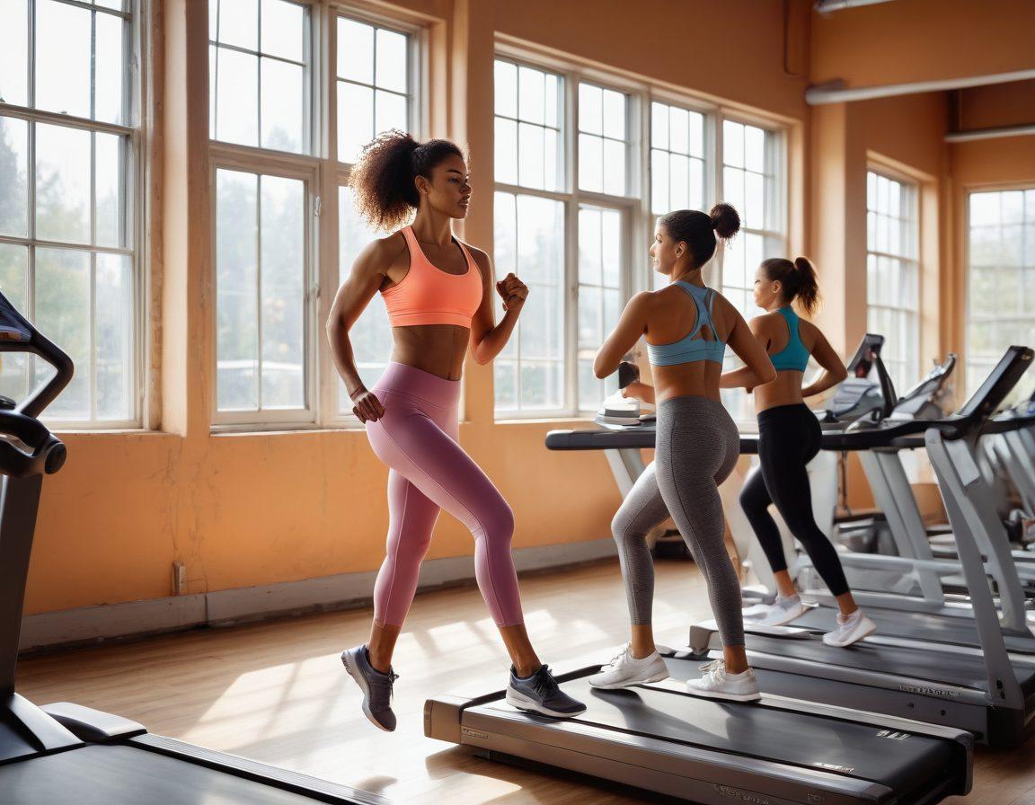A dynamic scene showcasing a diverse group of strong athletic women engaged in various fitness activities, such as running, weightlifting, and yoga in a bright, encouraging gym environment. They exhibit camaraderie and determination, with motivational posters in the background. Sunlight streams through large windows, casting energizing light across the scene. The atmosphere should evoke positivity, strength, and empowerment. vibrant colors. super-realistic.